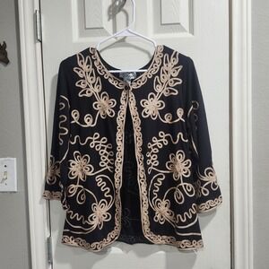 Once 1 Again Jacket Womens S Black Gold Embroidered Open Front Boho‎ Cardigan